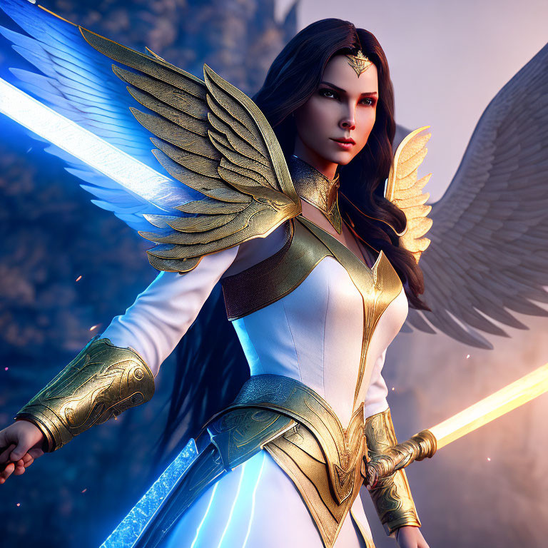 Warrior angel digital artwork with golden wings and glowing sword