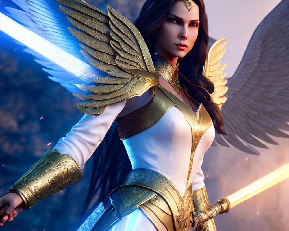 Warrior angel digital artwork with golden wings and glowing sword