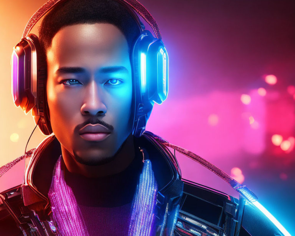 Man with Headphones in Neon Blue Lights on Pink and Orange Bokeh