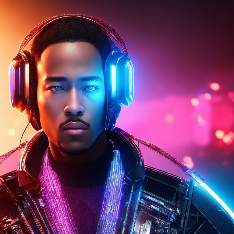 Man with Headphones in Neon Blue Lights on Pink and Orange Bokeh