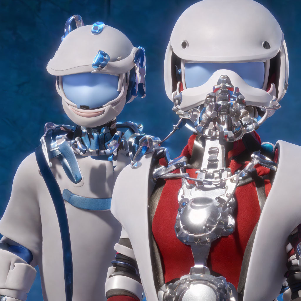 Futuristic white and red armored robots with glowing blue visor