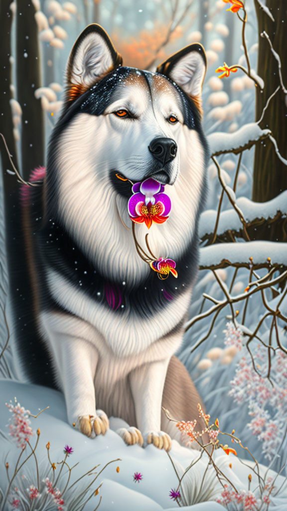 Majestic husky in snowy landscape with purple orchid and winter blooms