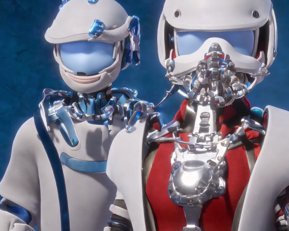 Futuristic white and red armored robots with glowing blue visor