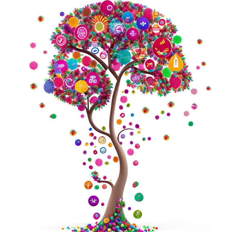 Colorful stylized tree with symbolic foliage and scattered icons