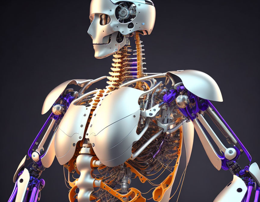 Detailed 3D illustration of humanoid robot with skeletal structure and mechanical joints