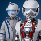 Futuristic white and red armored robots with glowing blue visor