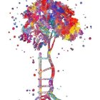 Colorful stylized tree with symbolic foliage and scattered icons