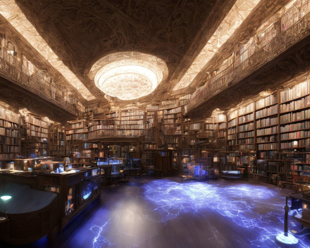 Luxurious Library with Towering Bookshelves and Blue Glowing Floor