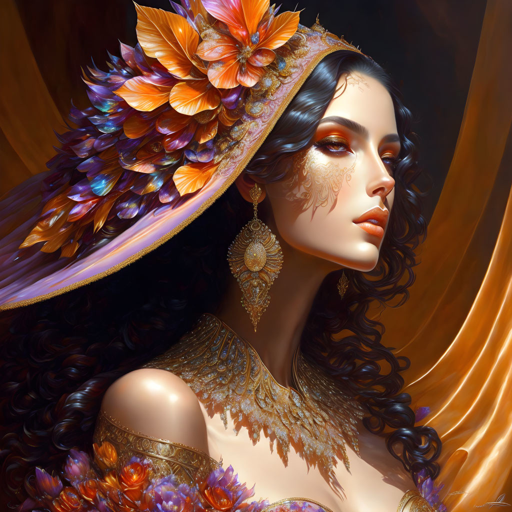 Digital artwork featuring woman with dark hair, ornate gold headdress, facial tattoos, and intricate jewelry