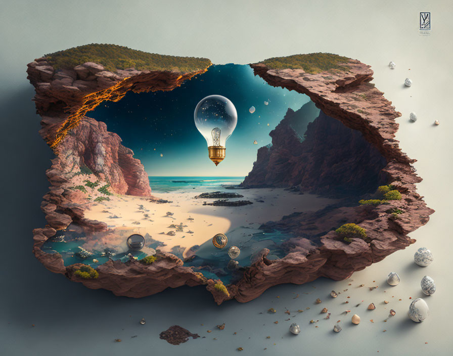 Surreal floating rock island with coastal scene and lightbulb hot-air balloon.