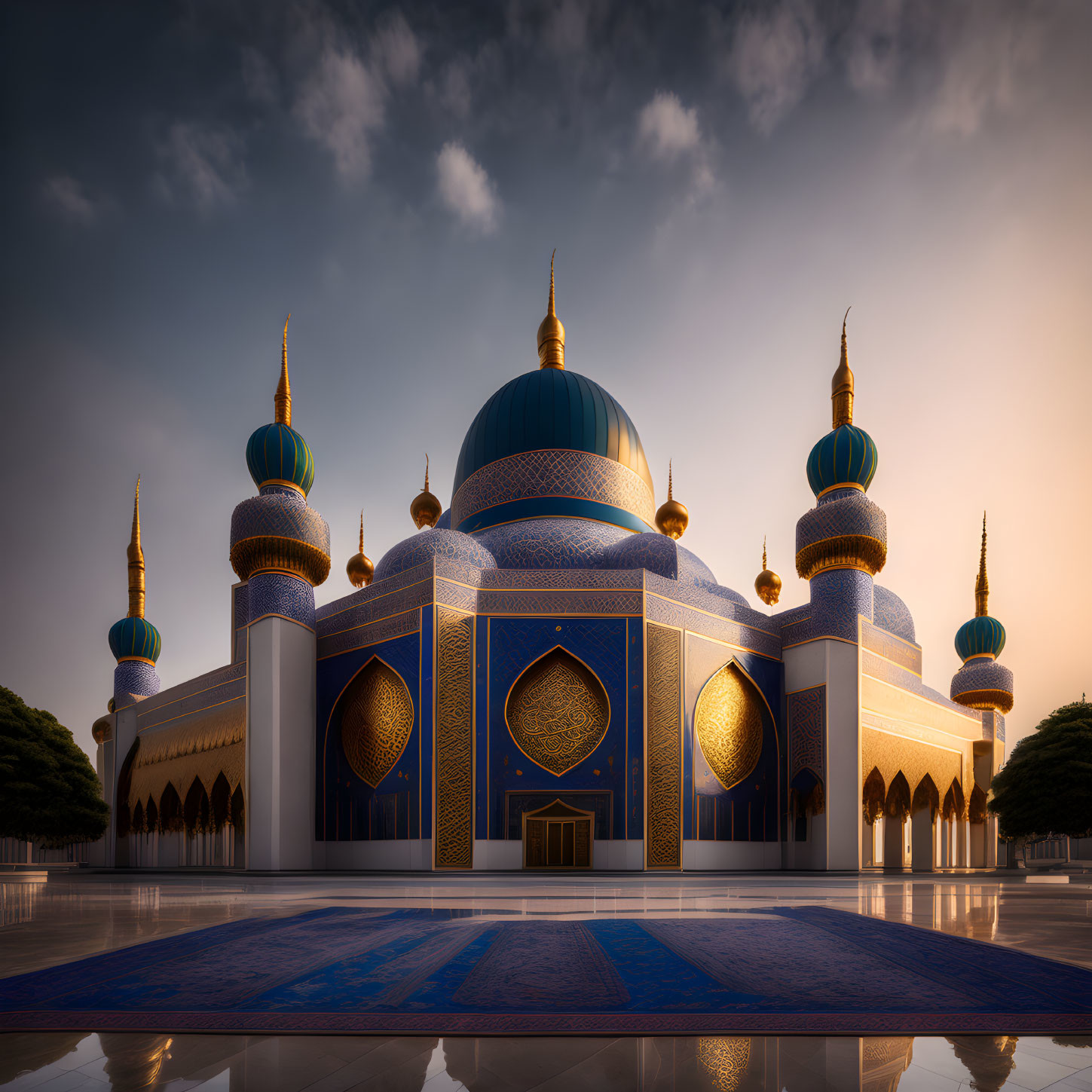 Ornate Mosque with Blue and Gold Domes at Sunset