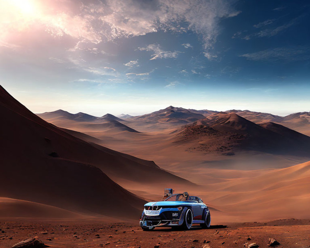 Blue Race Car Parked in Desert Landscape with Rolling Dunes