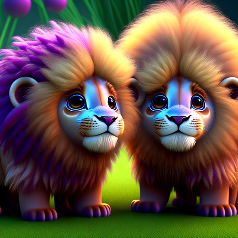 Colorful Cartoon Lions with Vibrant Manes on Purple Flora Background