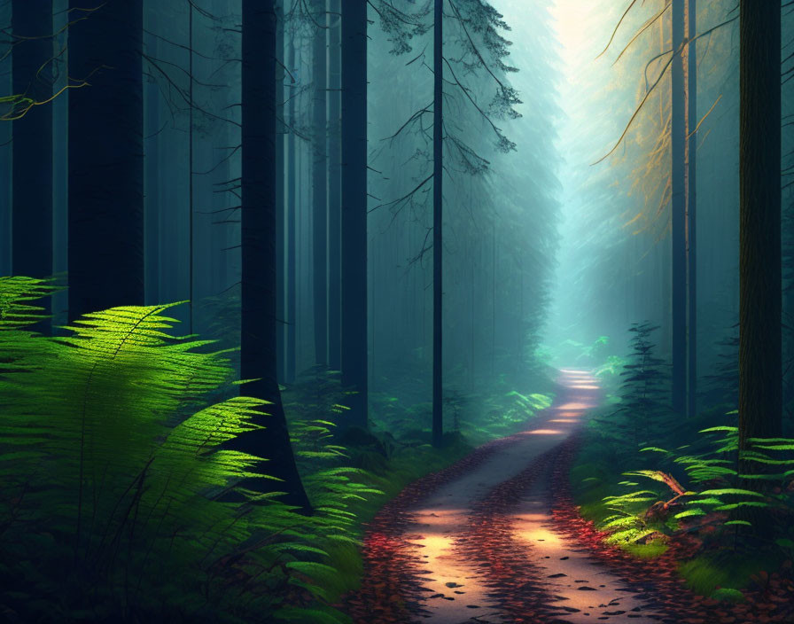 Tranquil forest path with sunlight, mist, and green ferns