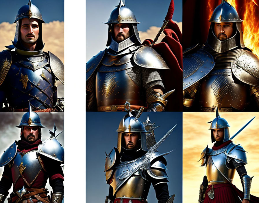 Six detailed medieval knight armor images under various lighting against a cloudy sky.