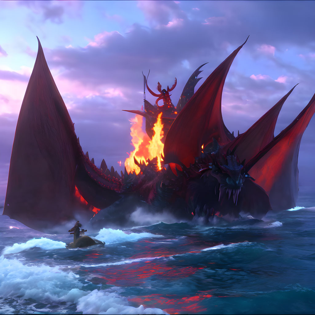 Mythical sea creature with large wings and fiery back above small boat at sunset