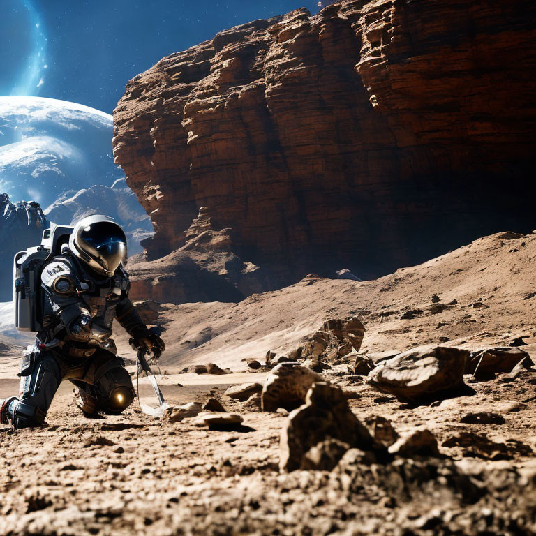 Astronaut exploring rocky terrain with large cliff and Earth-like planet in sky