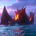 Mythical sea creature with large wings and fiery back above small boat at sunset