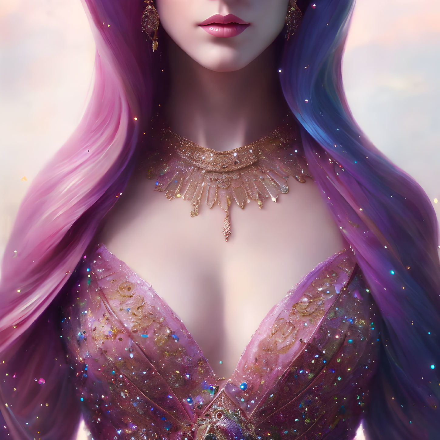 Illustration of woman with purple hair, gold necklace, in starry dress