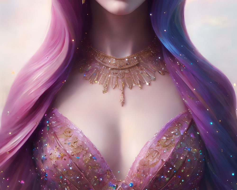 Illustration of woman with purple hair, gold necklace, in starry dress