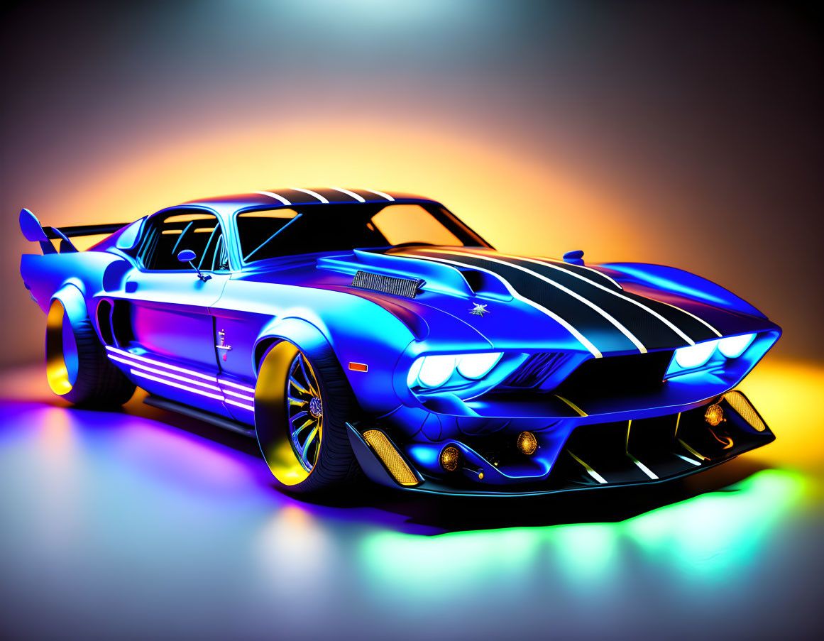 Colorful muscle car illustration with neon blue and purple tones and racing stripes