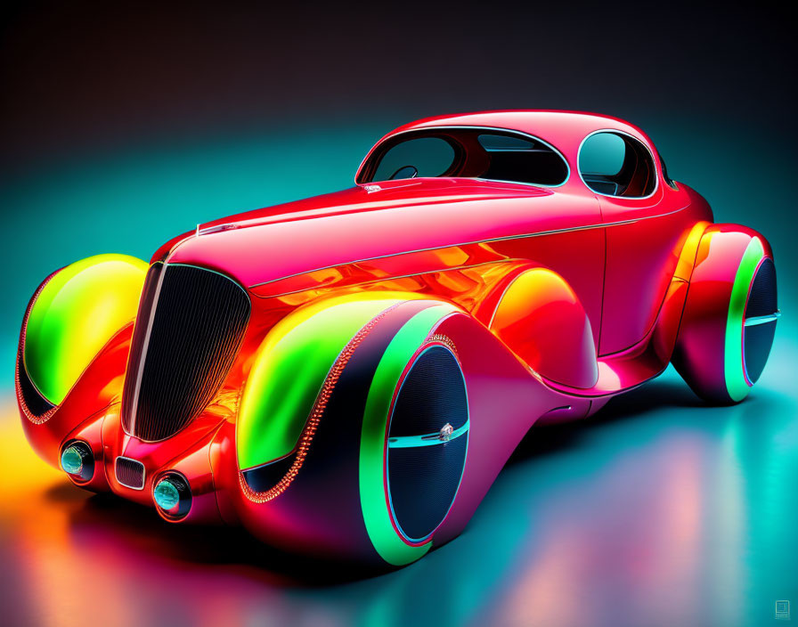 Colorful Hot Rod Artwork with Exaggerated Features and Neon Underglow