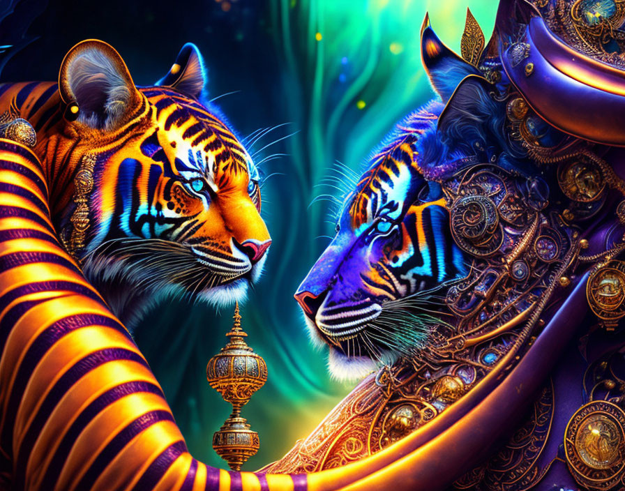 Digitally created tigers: one natural, one adorned in blue patterns and golden armor, against cosmic