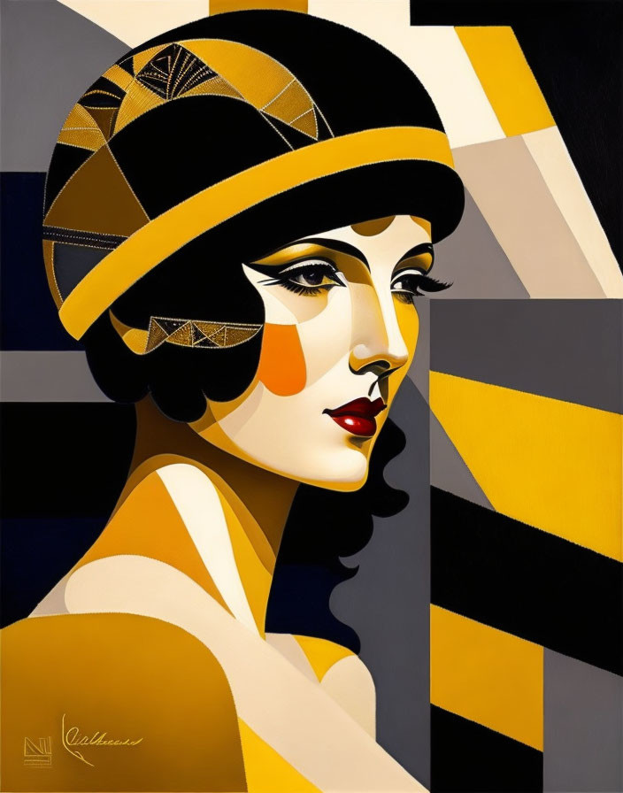 Geometric Art Deco Woman Portrait with Cloche Hat in Yellow, Black, and Beige Colors