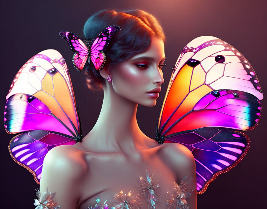 Colorful Woman with Butterfly Wings and Matching Hair Accessory