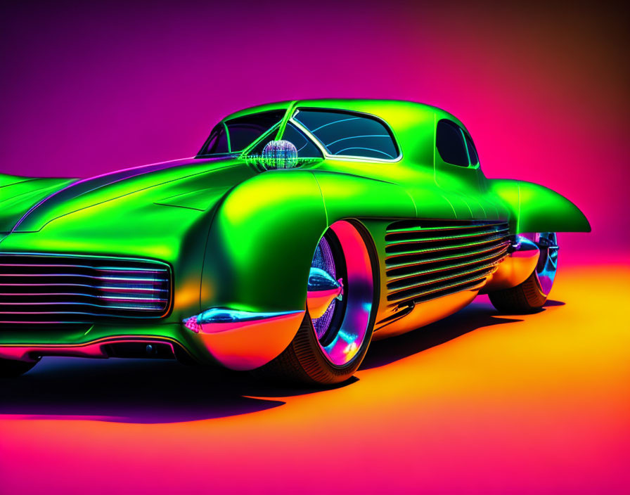 Neon-lit green hot rod on pink and purple gradient background