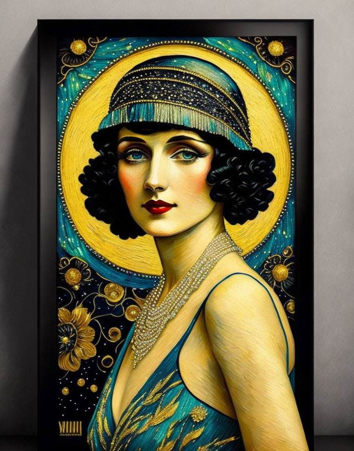 Art Deco Style Painting of Woman with Bobbed Hair and Celestial Halo