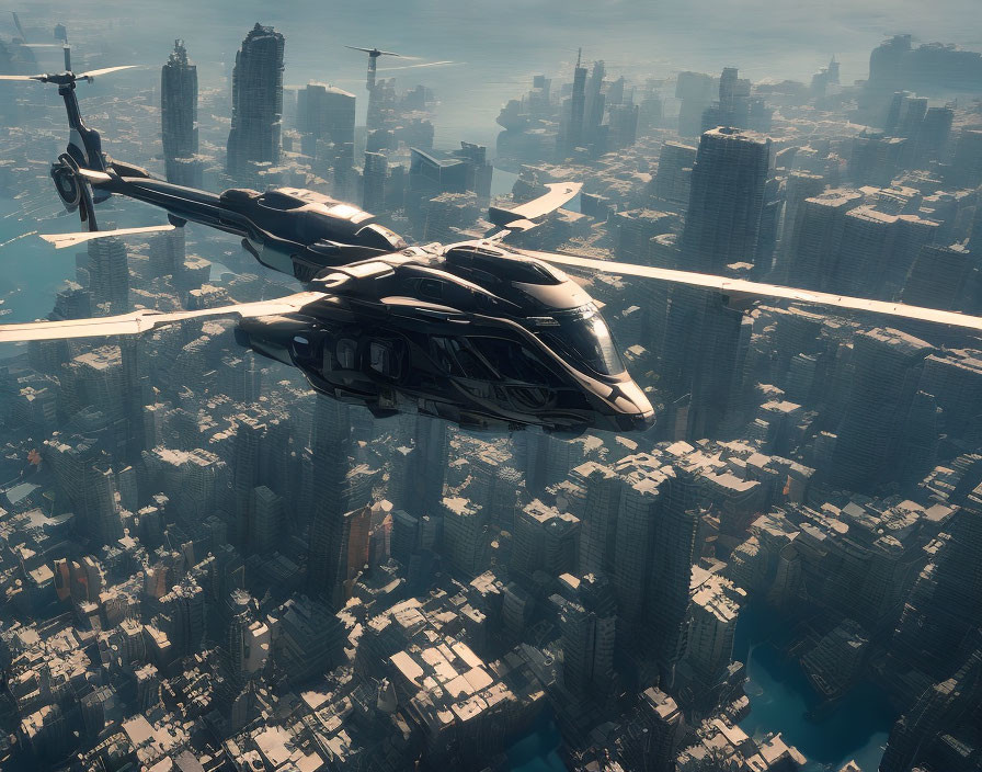 Futuristic helicopter over dense cityscape with skyscrapers