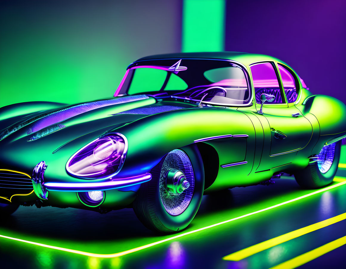 Classic Car with Glossy Finish under Neon Purple and Green Lights