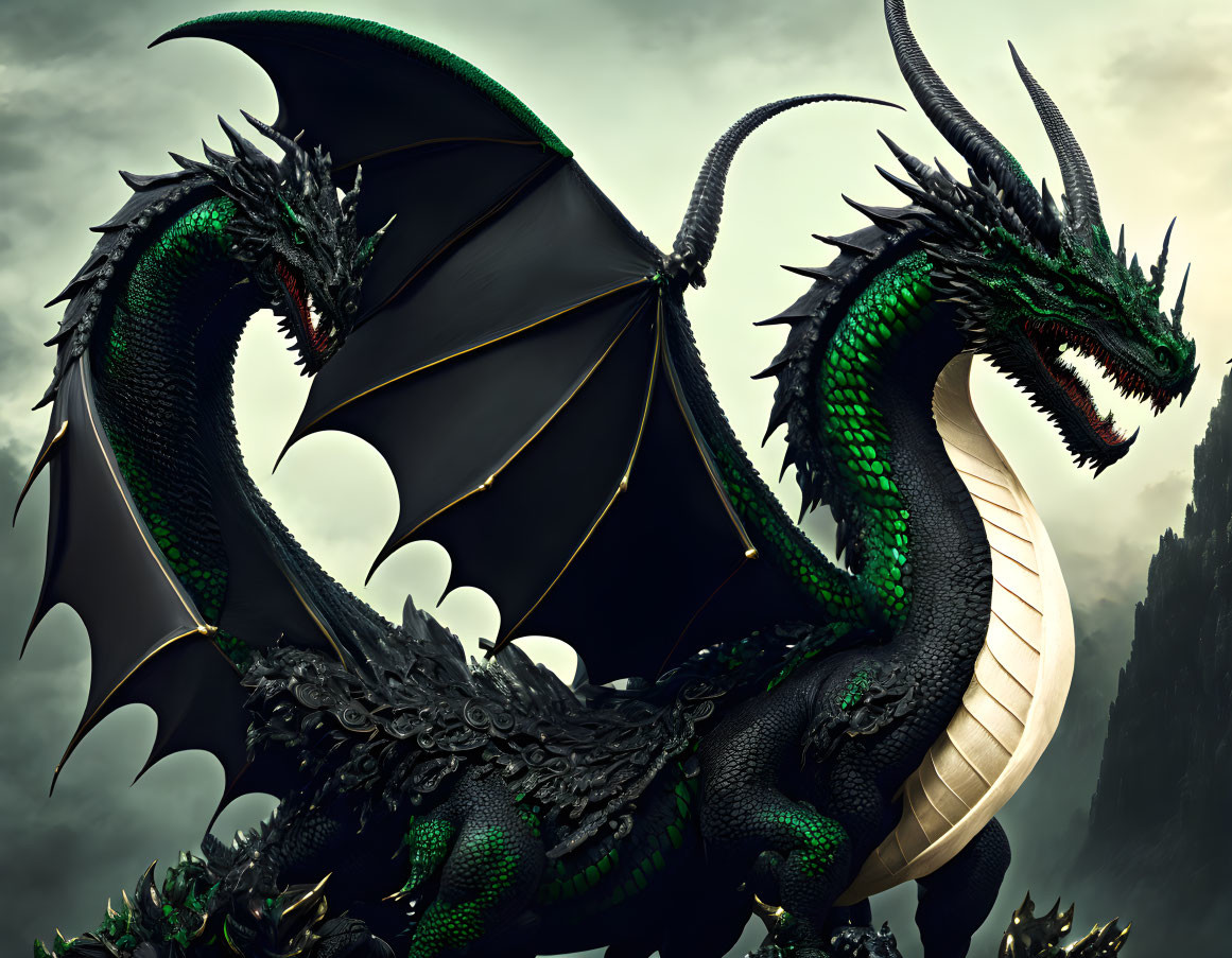 Black Dragon with Gleaming Scales and Large Wings in Moody Sky