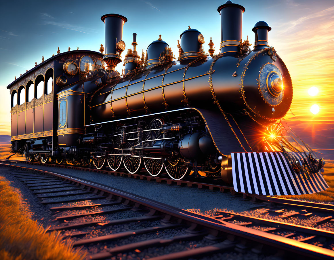 Classic Steam Locomotive on Tracks at Sunset