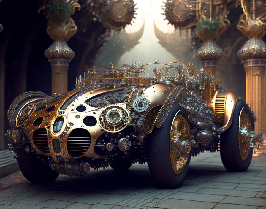 Steampunk-inspired vehicle with metallic details in classical architecture setting