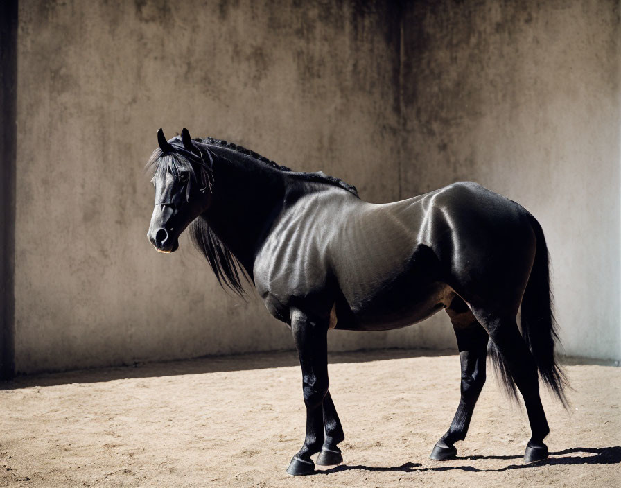 Majestic Black Horse Profile Against Neutral Wall