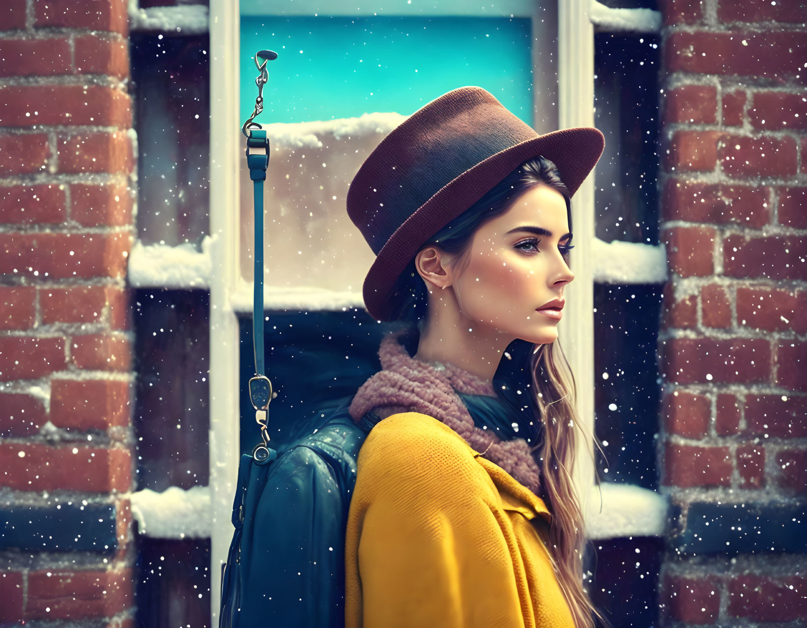 Woman in Yellow Coat and Brown Hat by Snowy Window