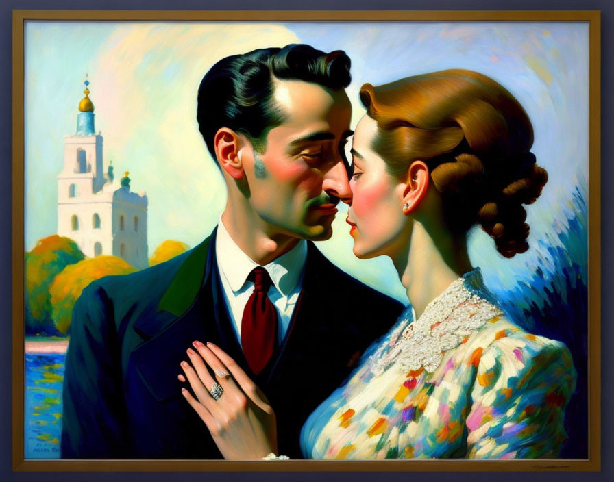 Colorful painting of man and woman in romantic embrace near church.