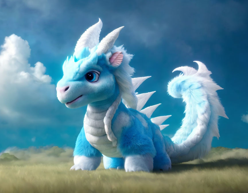 Blue and White Plush-Like Dragon on Grass under Blue Sky