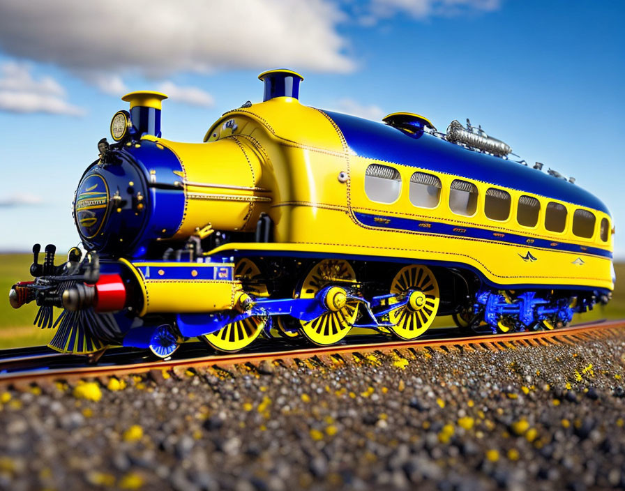 Vintage yellow and blue locomotive on railroad under blue sky