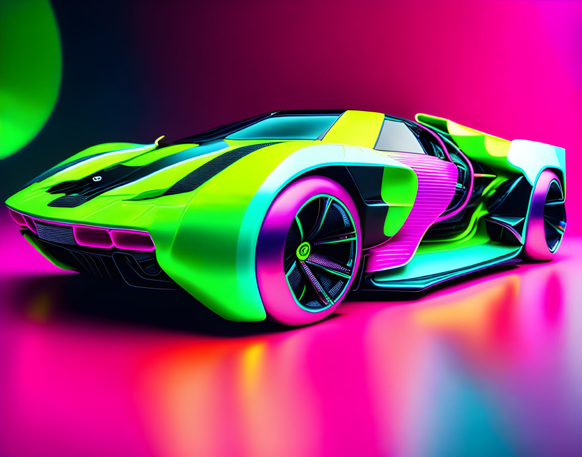 Neon-colored futuristic sports car on gradient background