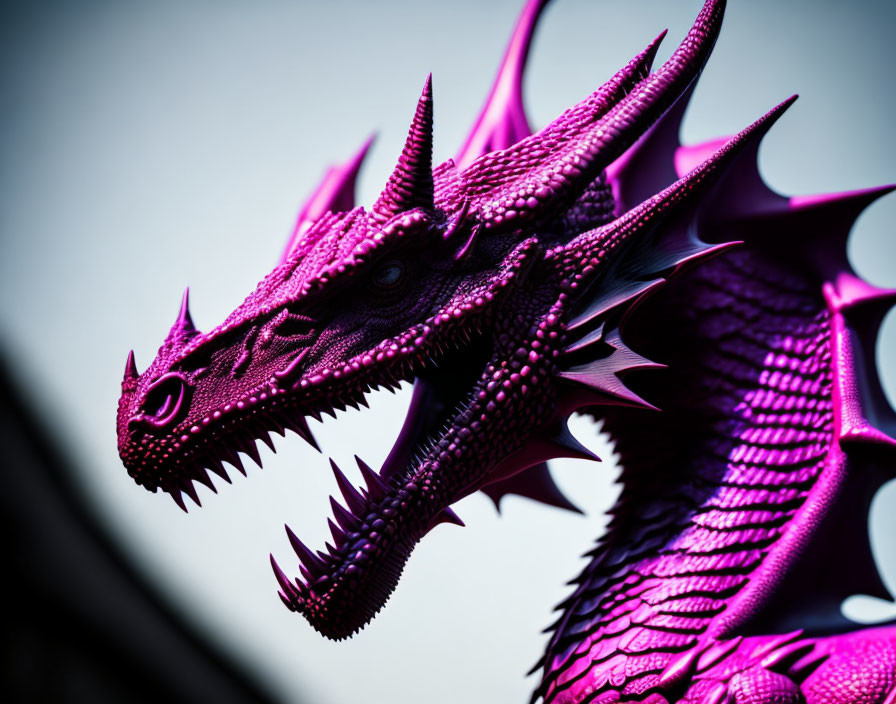 Vivid Purple Dragon Sculpture with Intricate Scales and Two Fierce Heads