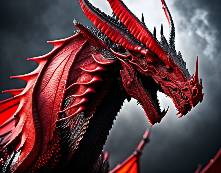 Majestic red dragon with intricate scales against stormy sky