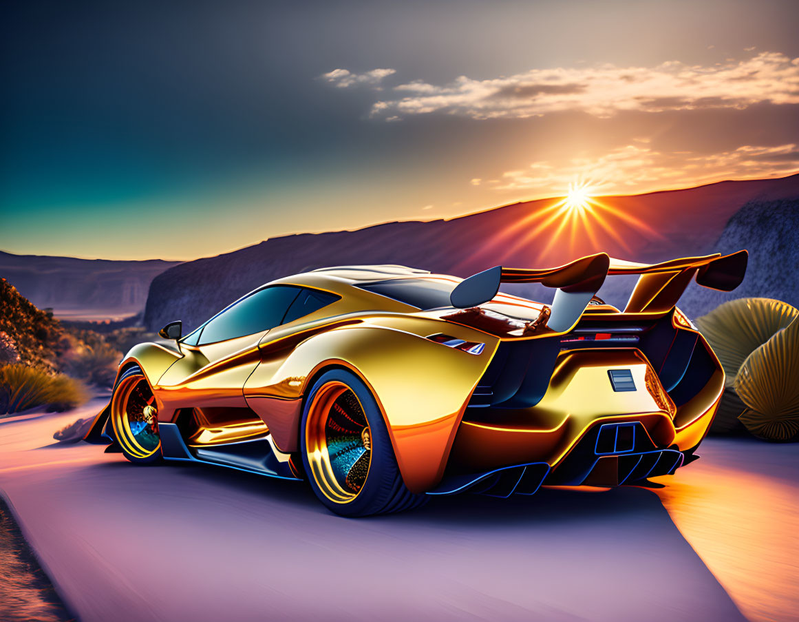 Golden sports car with rear spoiler parked on desert road at sunset