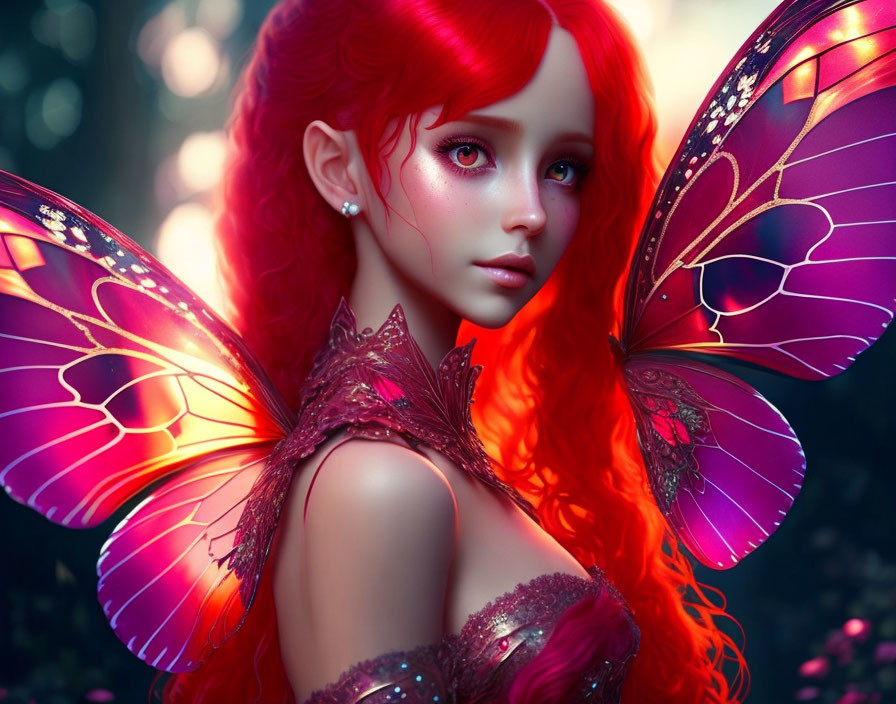 Fantasy image: Female character with red hair, butterfly wings, ornate attire in forest.