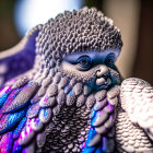 Detailed close-up of a purple and grey skull with coral-like textures and blue eyes