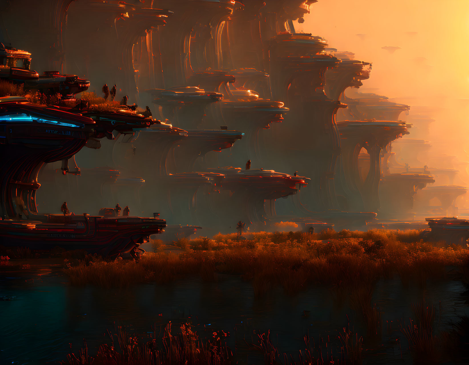 Futuristic landscape with towering structures and floating platforms