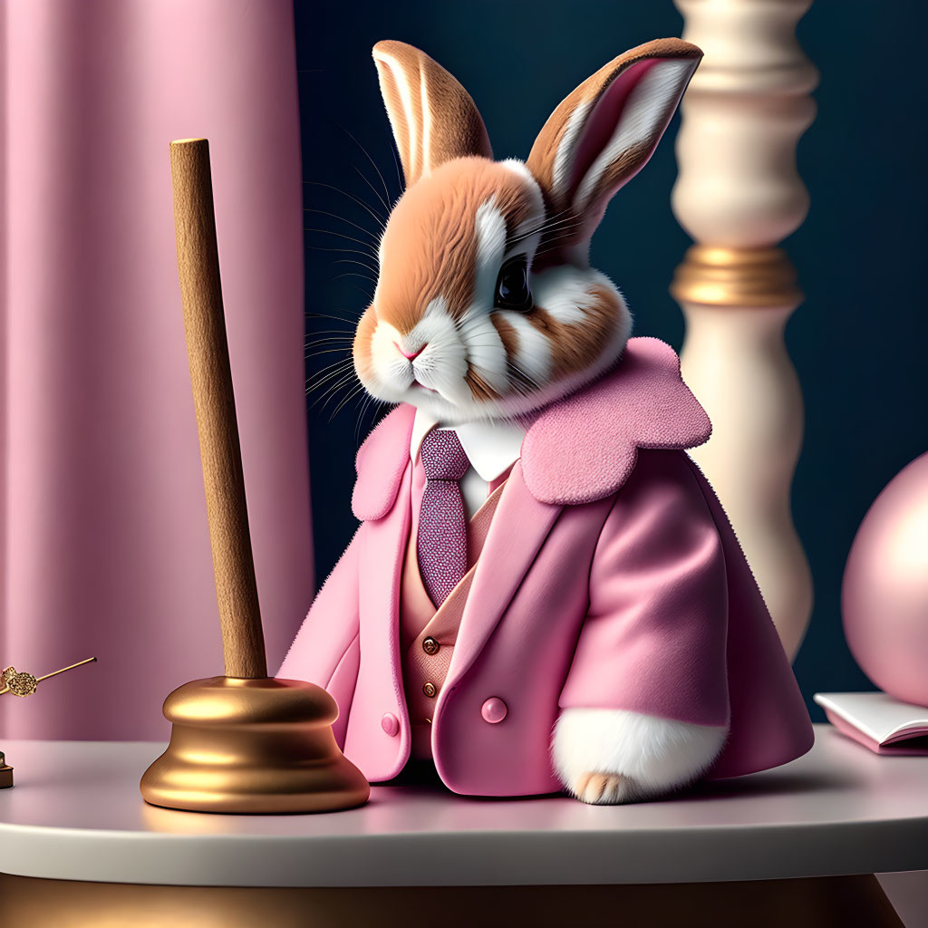 Anthropomorphic Rabbit in Pink Suit Presiding Over Courtroom