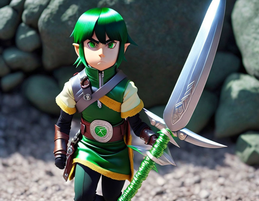 Animated character with green hair holding a sword in fantasy armor against rocky backdrop